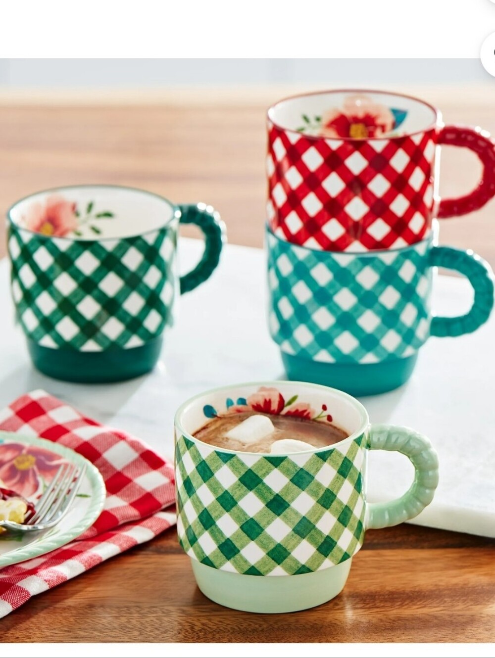 New The Pioneer Woman Gingham Ceramic Mug with Floral Interior 4 Piece Set
